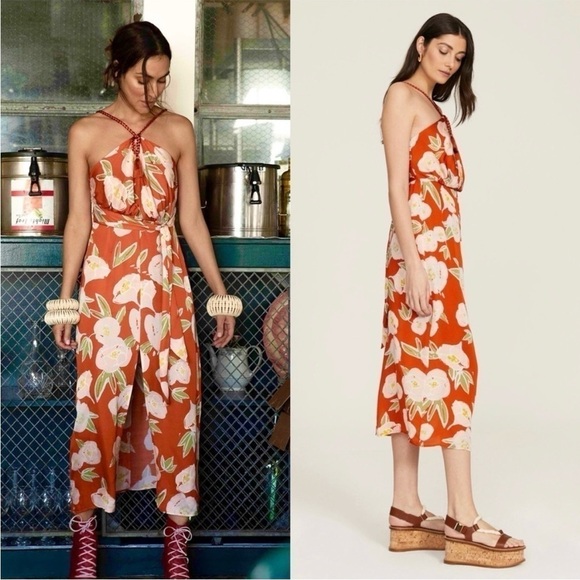 CAROLINA K Floral Satin Sleeveless Halter Neck Tie
Waist Leg Slit Maxi Dress XS - Picture 3 of 8